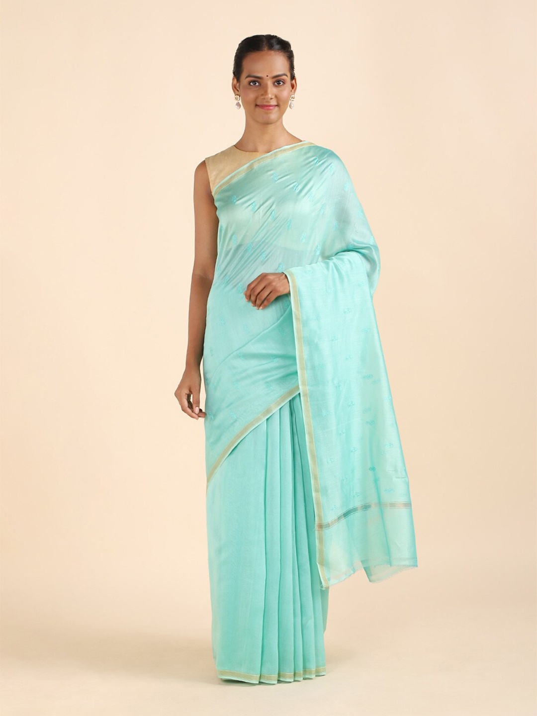 

Taneira Green & Gold-Toned Embroidered Silk Cotton Saree