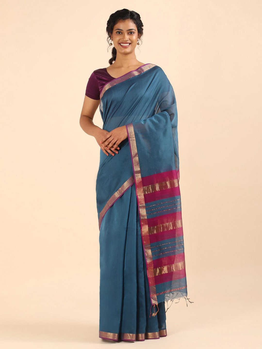 

Taneira Blue & Pink Zari Pure Silk Cotton Maheshwari Saree