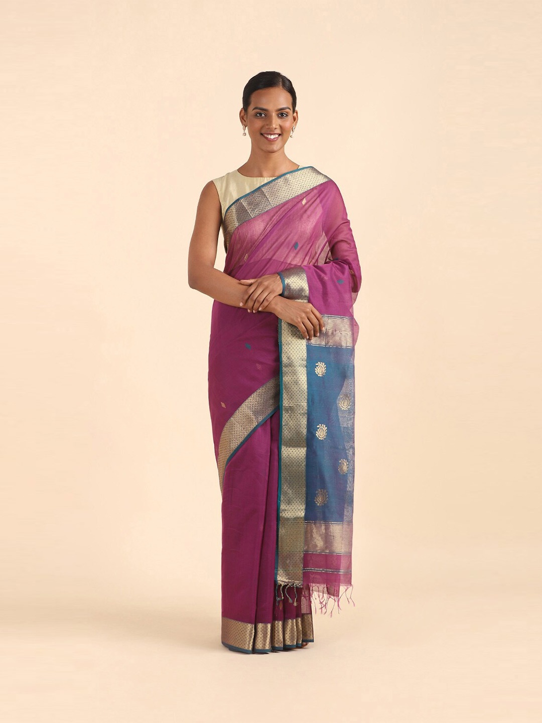 

Taneira Pink & Blue Woven Design Zari Silk Cotton Maheshwari Saree