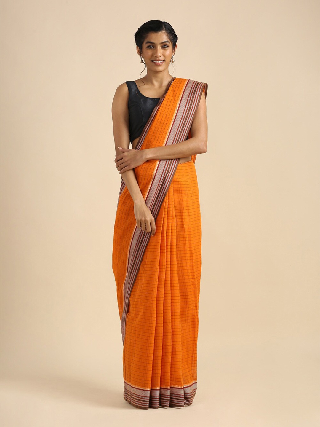 

Taneira Orange & Silver-Toned Woven Design Pure Cotton Narayan Peth Saree