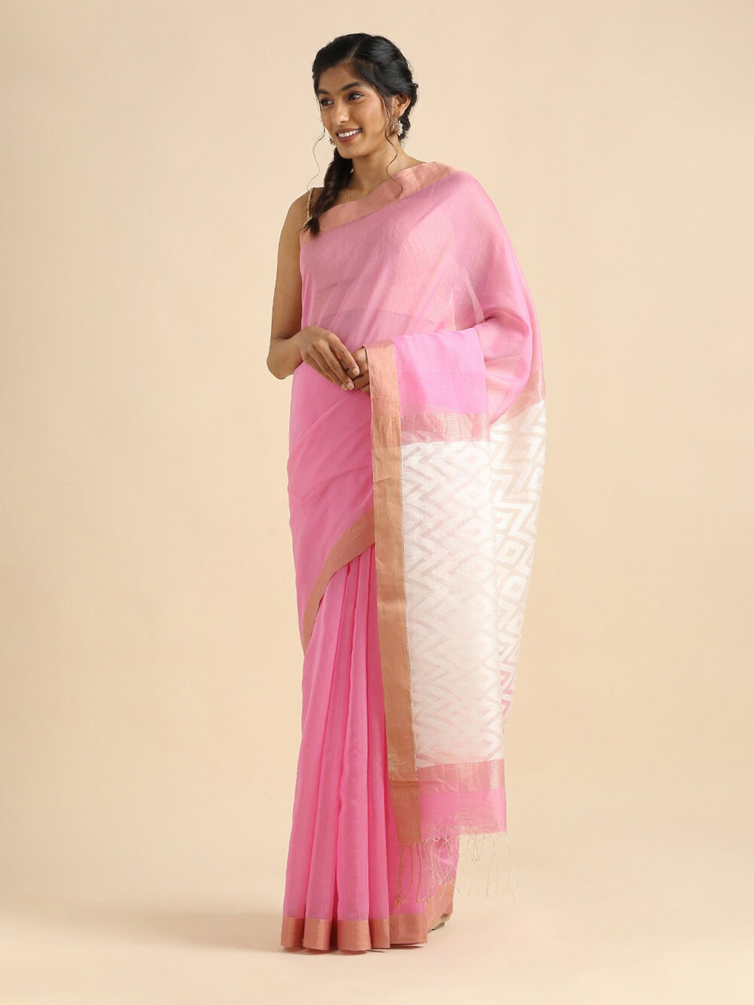 

Taneira Pink & White Zari Silk Cotton Saree