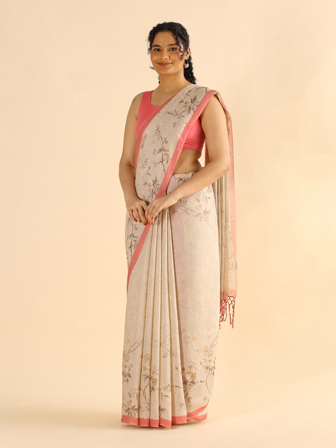 

Taneira Beige & Pink Floral Pure Linen Saree