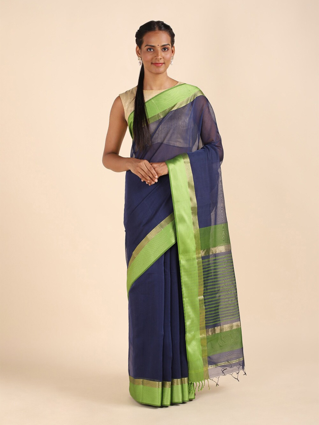 

Taneira Blue & Green Zari Silk Cotton Maheshwari Saree