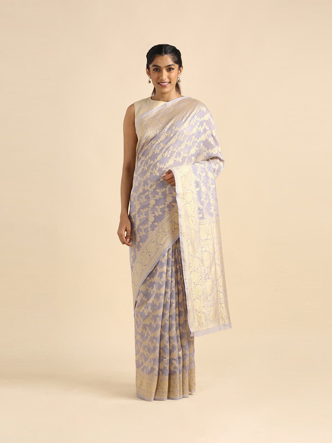 

Taneira Violet & Gold Toned Woven Design Zari Silk Cotton Banarasi Saree