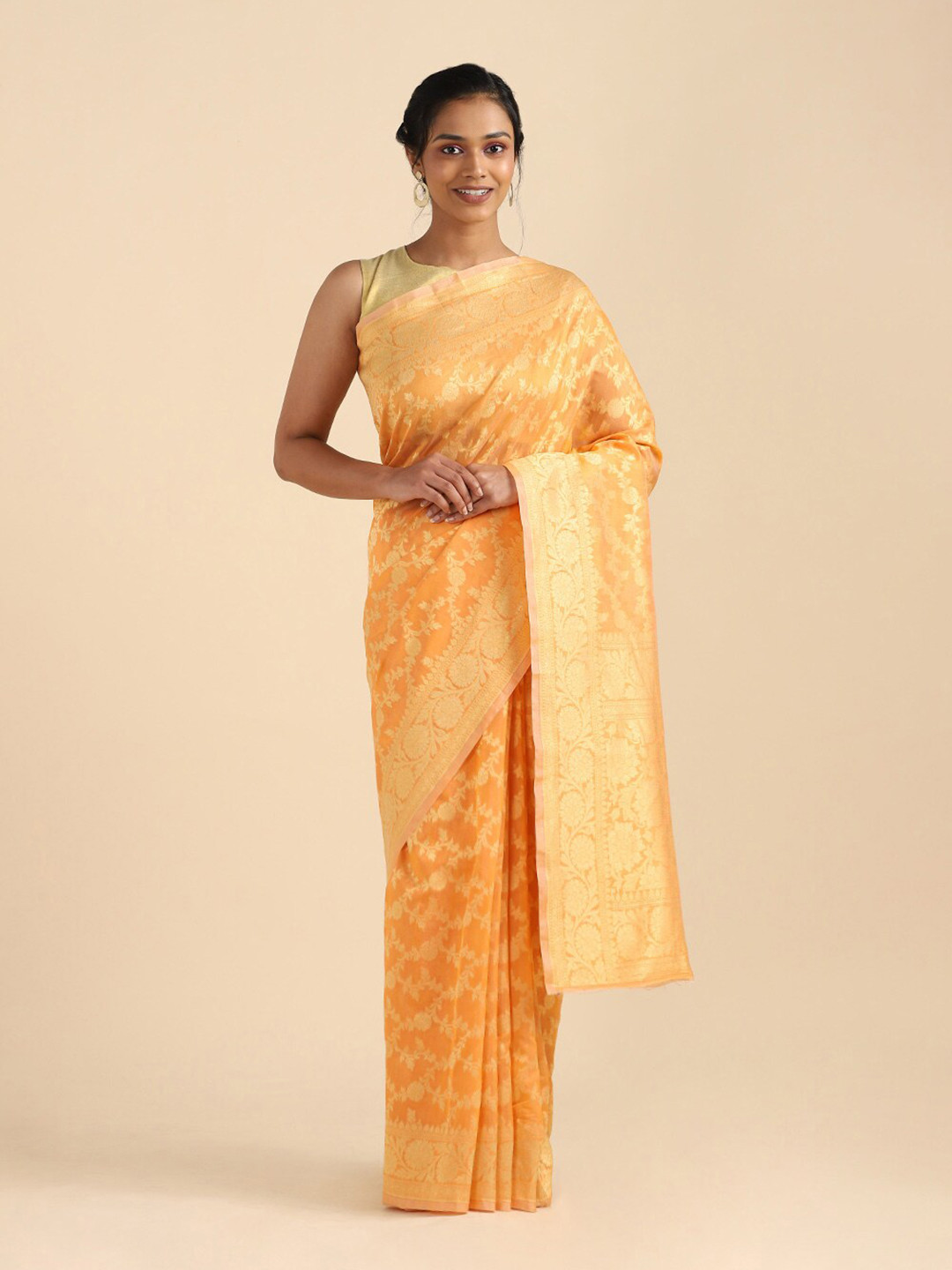 

Taneira Orange & Gold-Toned Woven Design Zari Silk Cotton Banarasi Saree