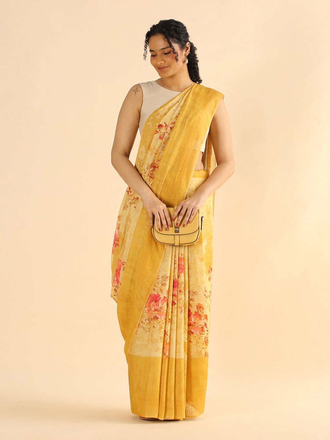 

Taneira Yellow & Pink Floral Pure Linen Saree