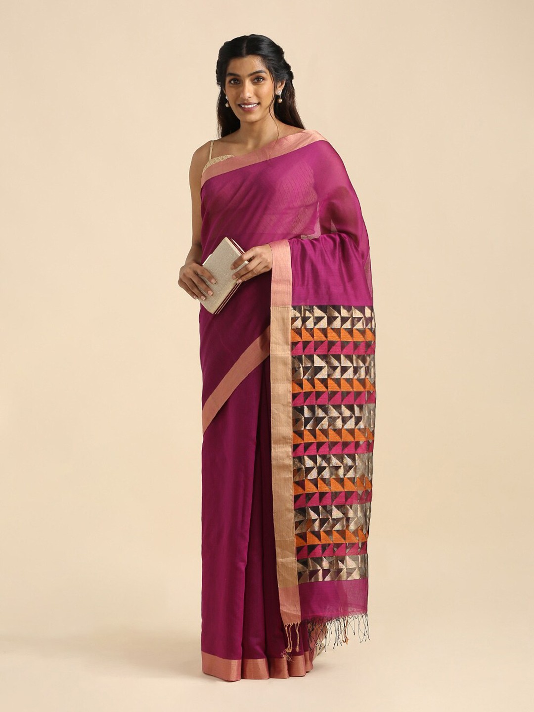 

Taneira Pink & Orange Woven Design Zari Silk Cotton Saree