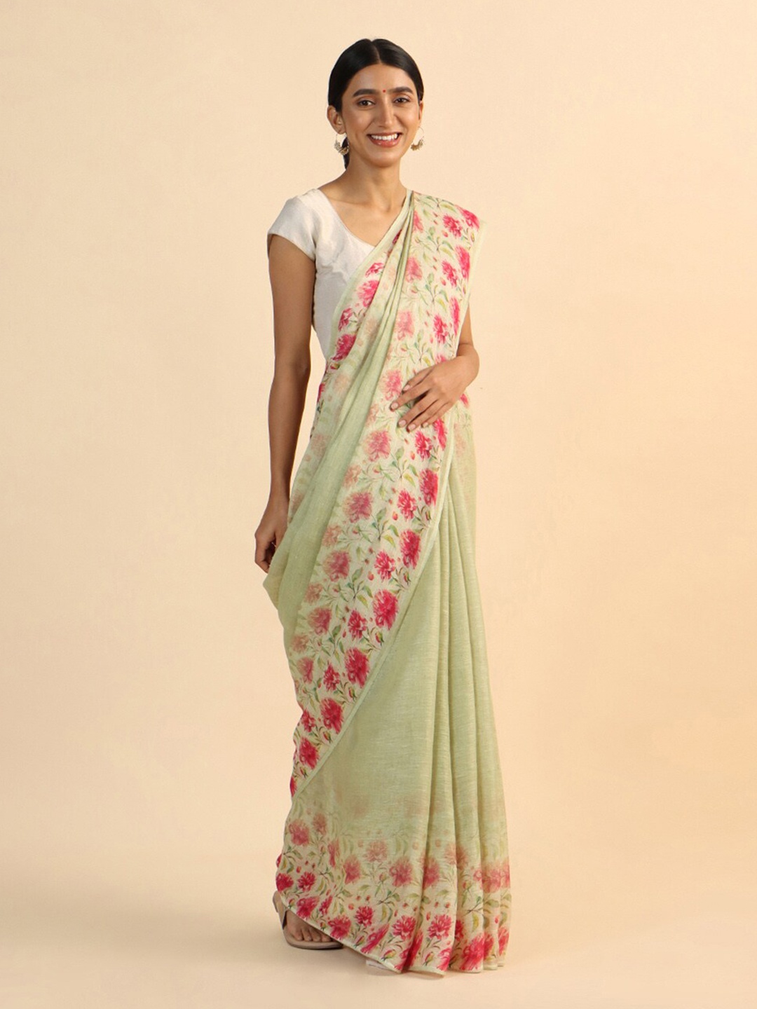 

Taneira Women Green & Pink Floral Pure Linen Saree