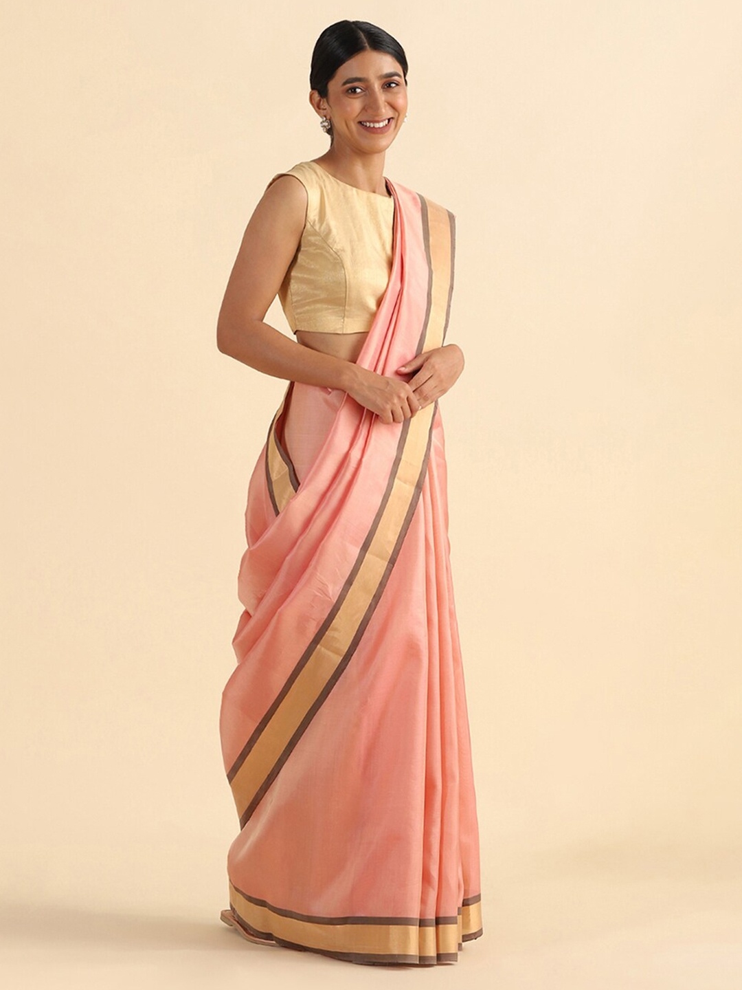 

Taneira Pink & Gold-Toned Zari Pure Silk Saree