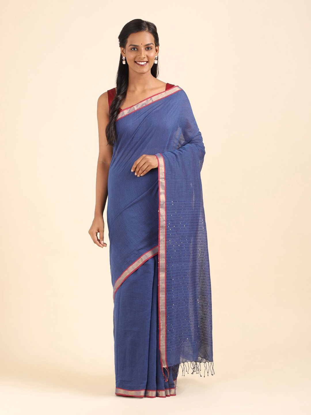 

Taneira Blue & Red Striped Silk Cotton Bengal Saree