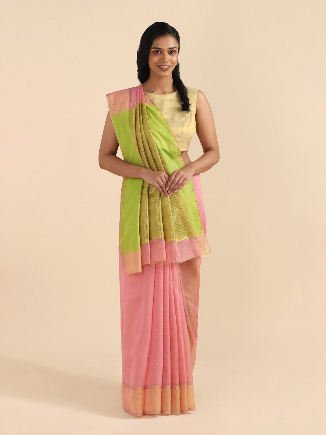 

Taneira Pink & Green Tissue Chanderi Saree