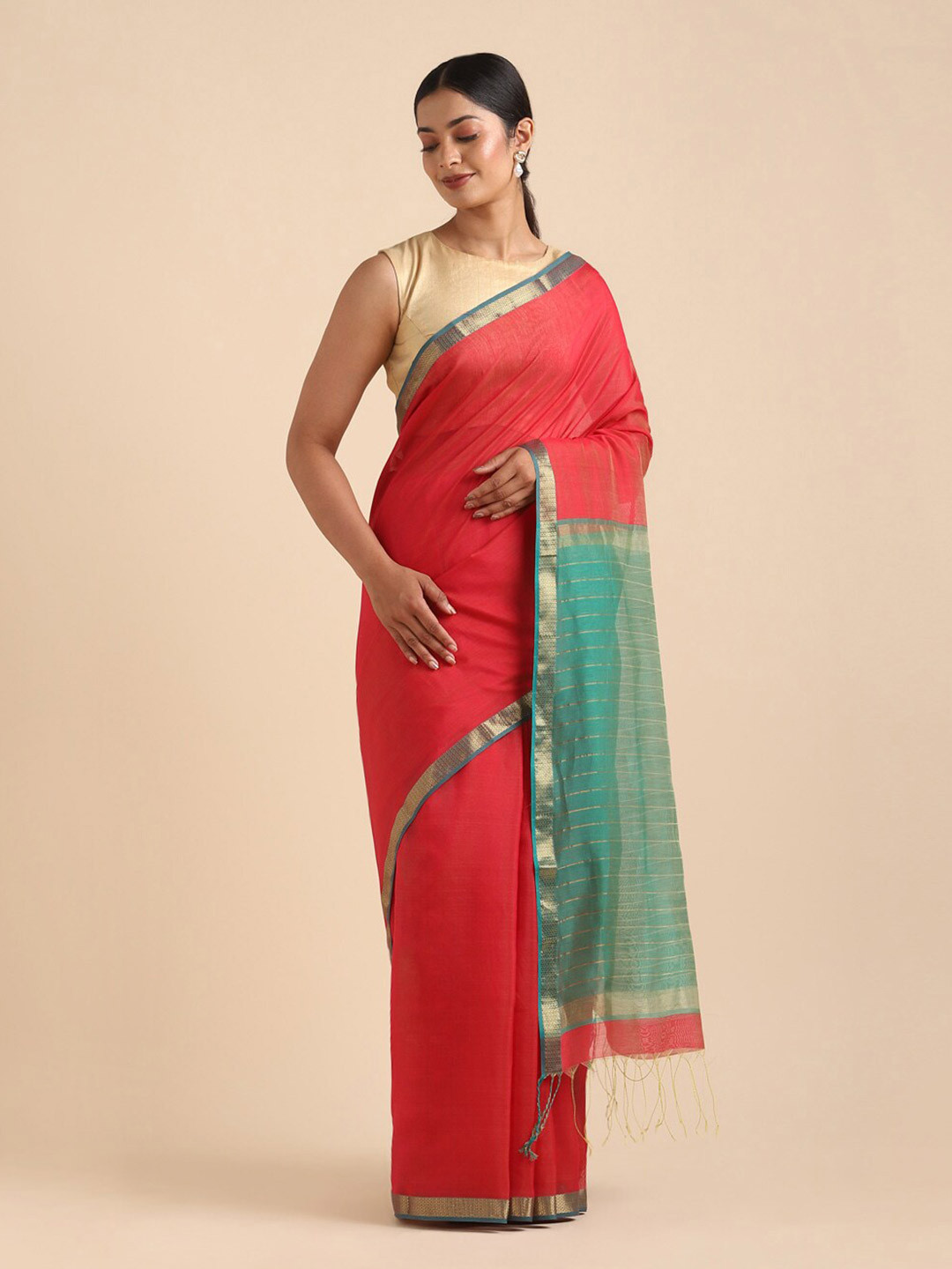 

Taneira Women Pink & Green Zari Silk Cotton Maheshwari Saree