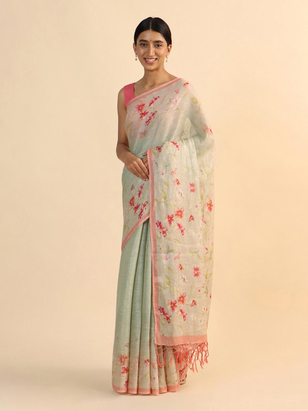

Taneira Green & Pink Floral Pure Linen Saree