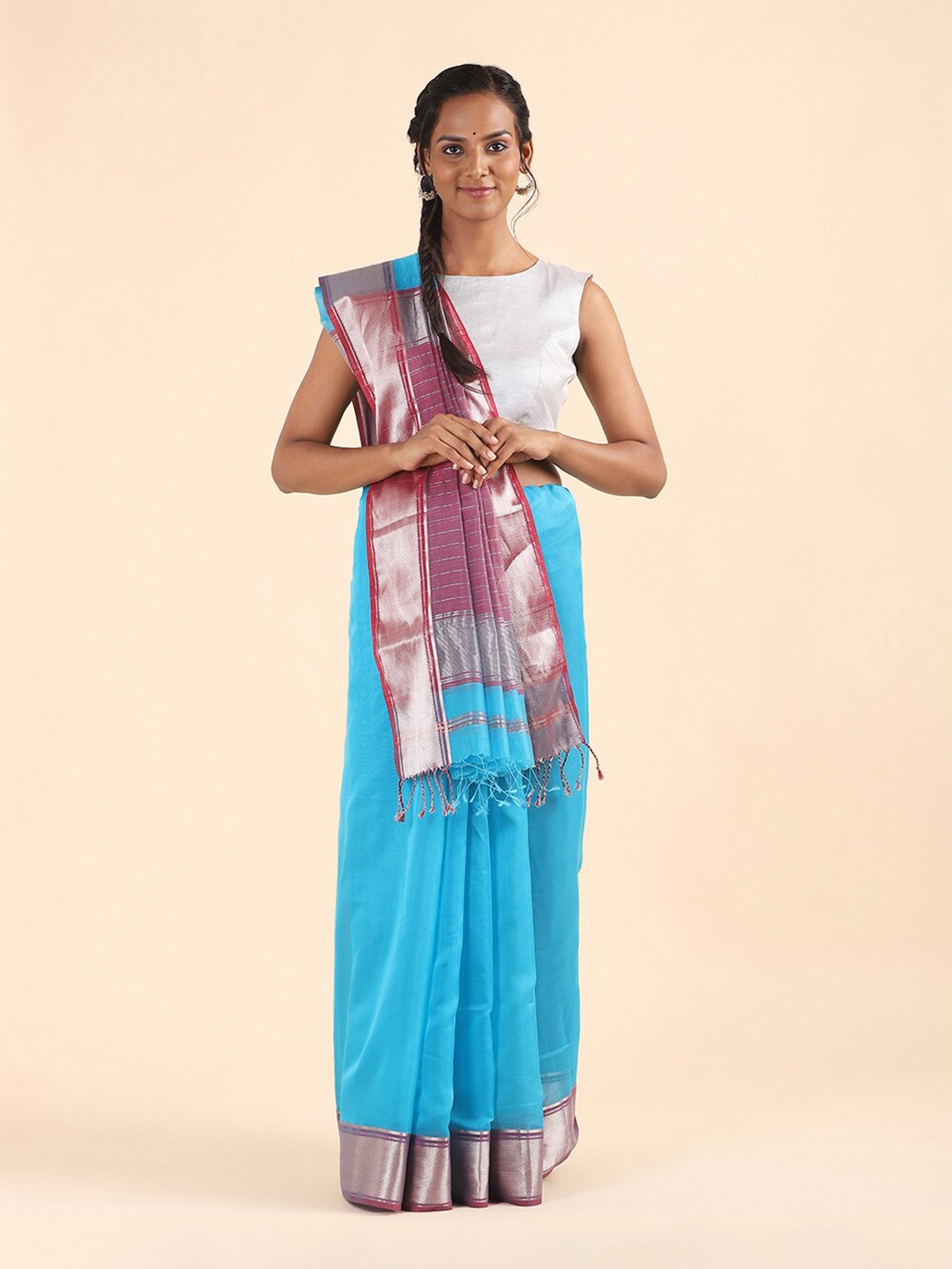 

Taneira Blue & Pink Zari Silk Cotton Maheshwari Saree