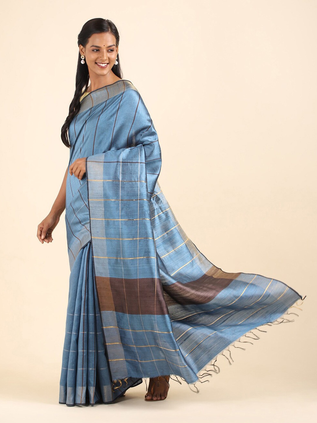 

Taneira Blue & Brown Striped Zari Pure Silk Bhagalpuri Saree