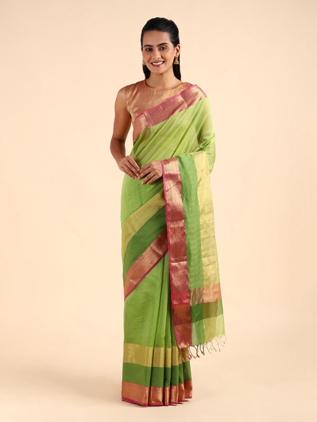 

Taneira Green Zari Silk Cotton Maheshwari Saree