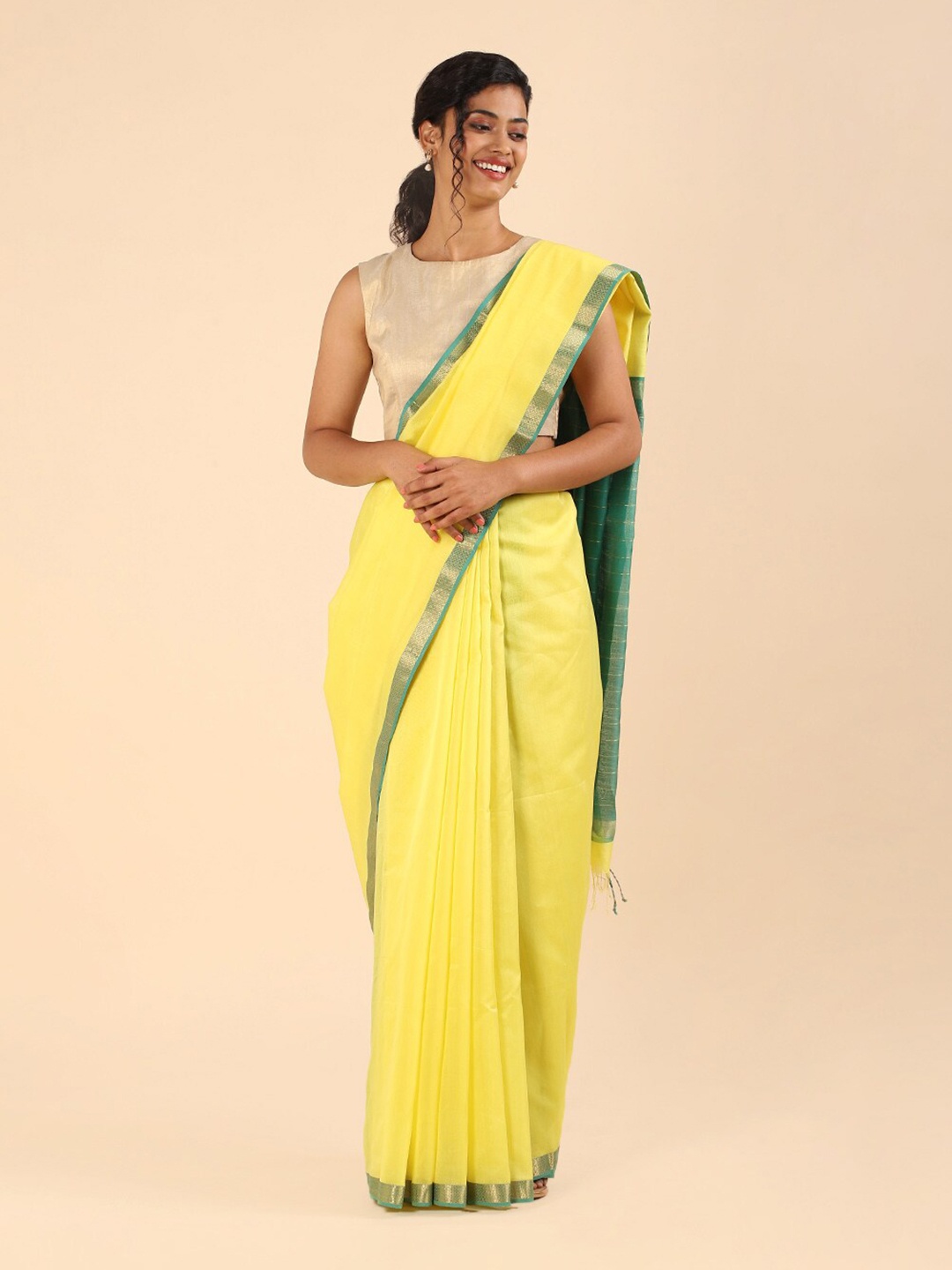 

Taneira Yellow & Green Zari Silk Cotton Maheshwari Saree