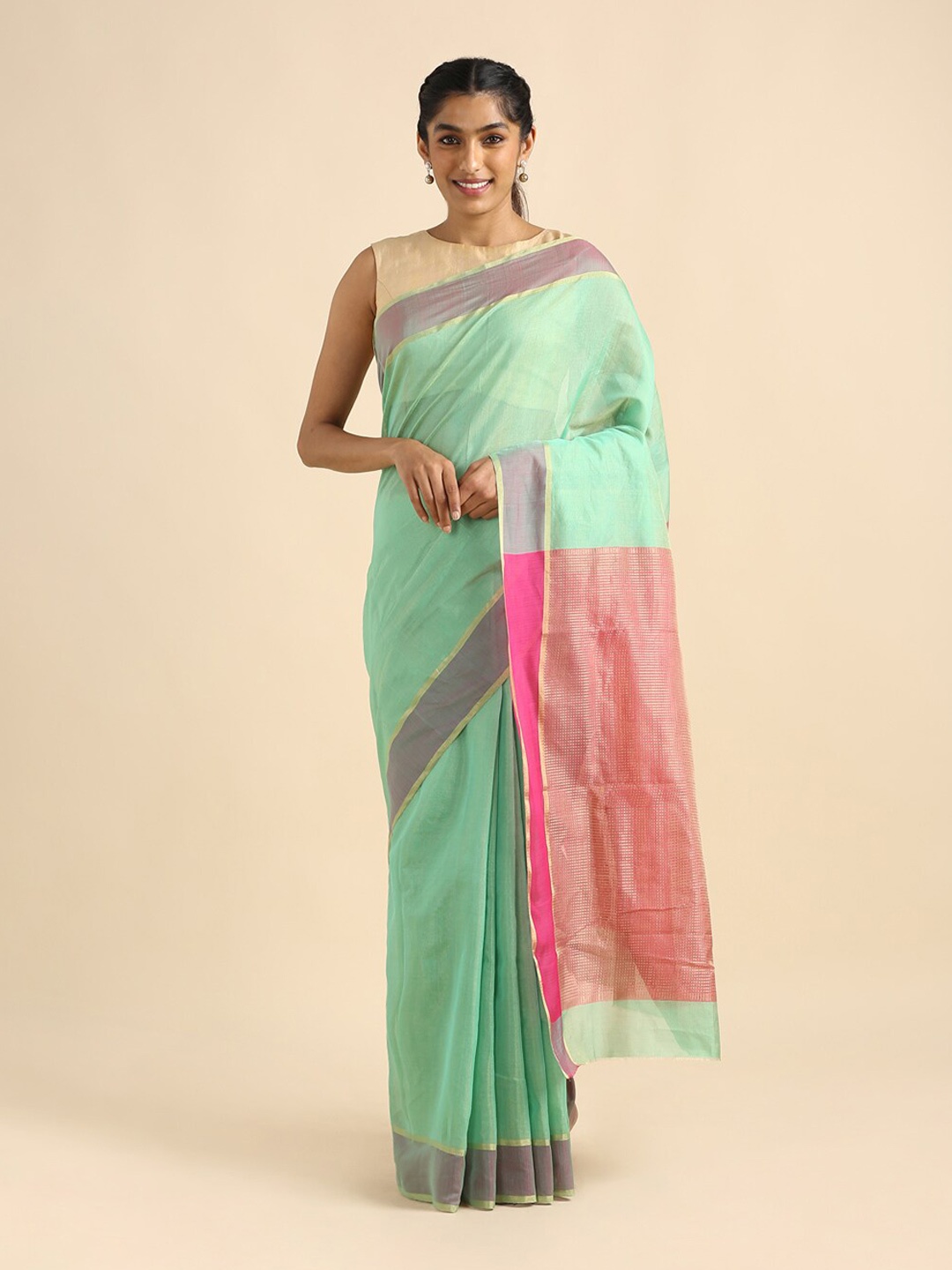 

Taneira Green & Pink Zari Tissue Chanderi Saree