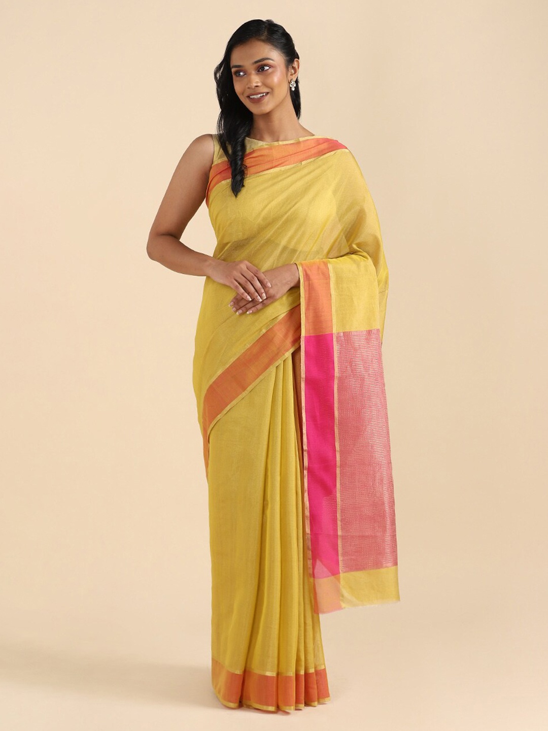 

Taneira Yellow & Red Tissue Chanderi Saree