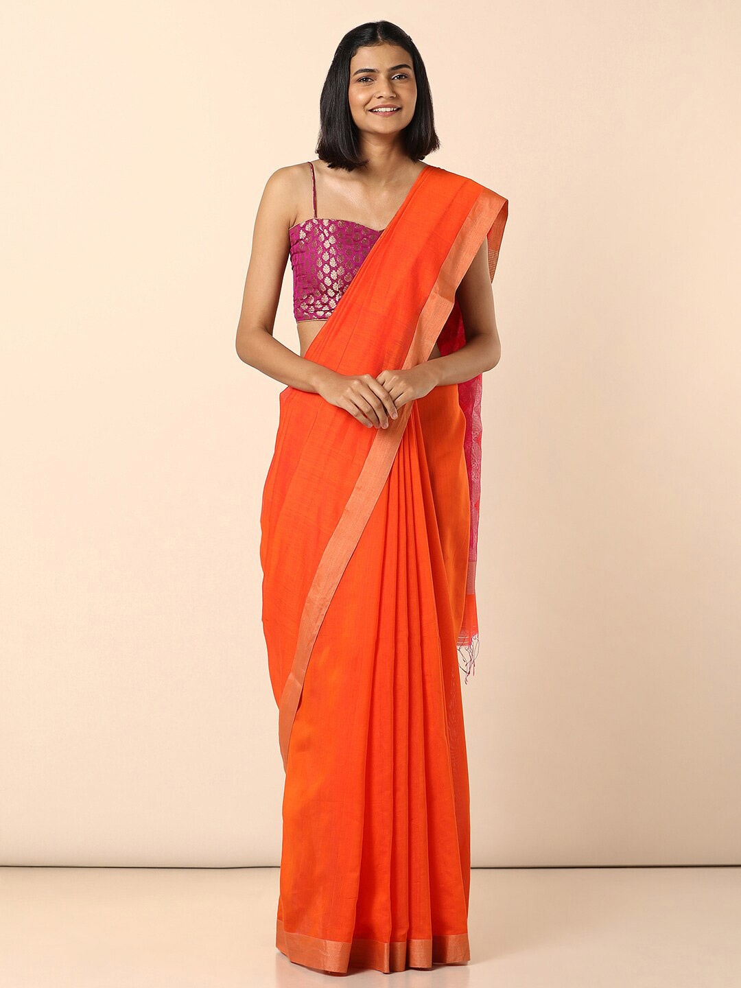 

Taneira Orange & Gold-Toned Zari Silk Cotton Saree