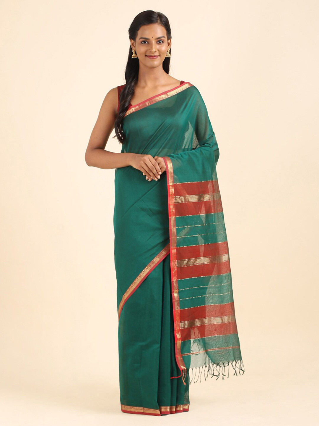 

Taneira Green & Maroon Striped Silk Cotton Maheshwari Saree