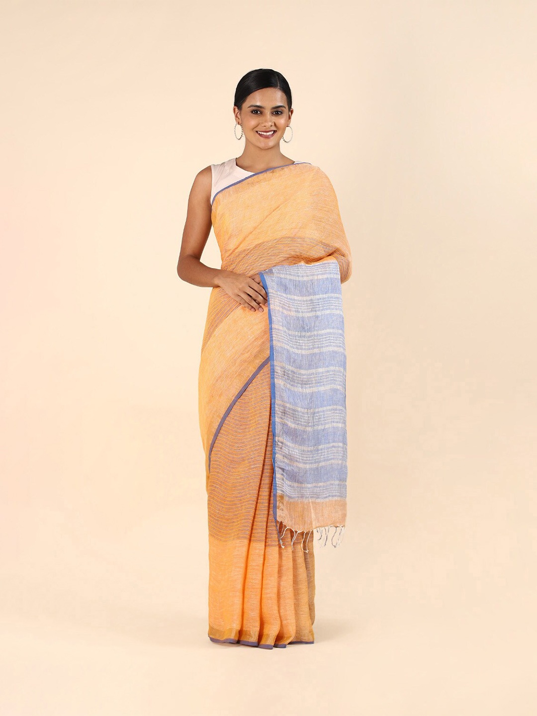 

Taneira Yellow & Blue Striped Pure Linen Saree