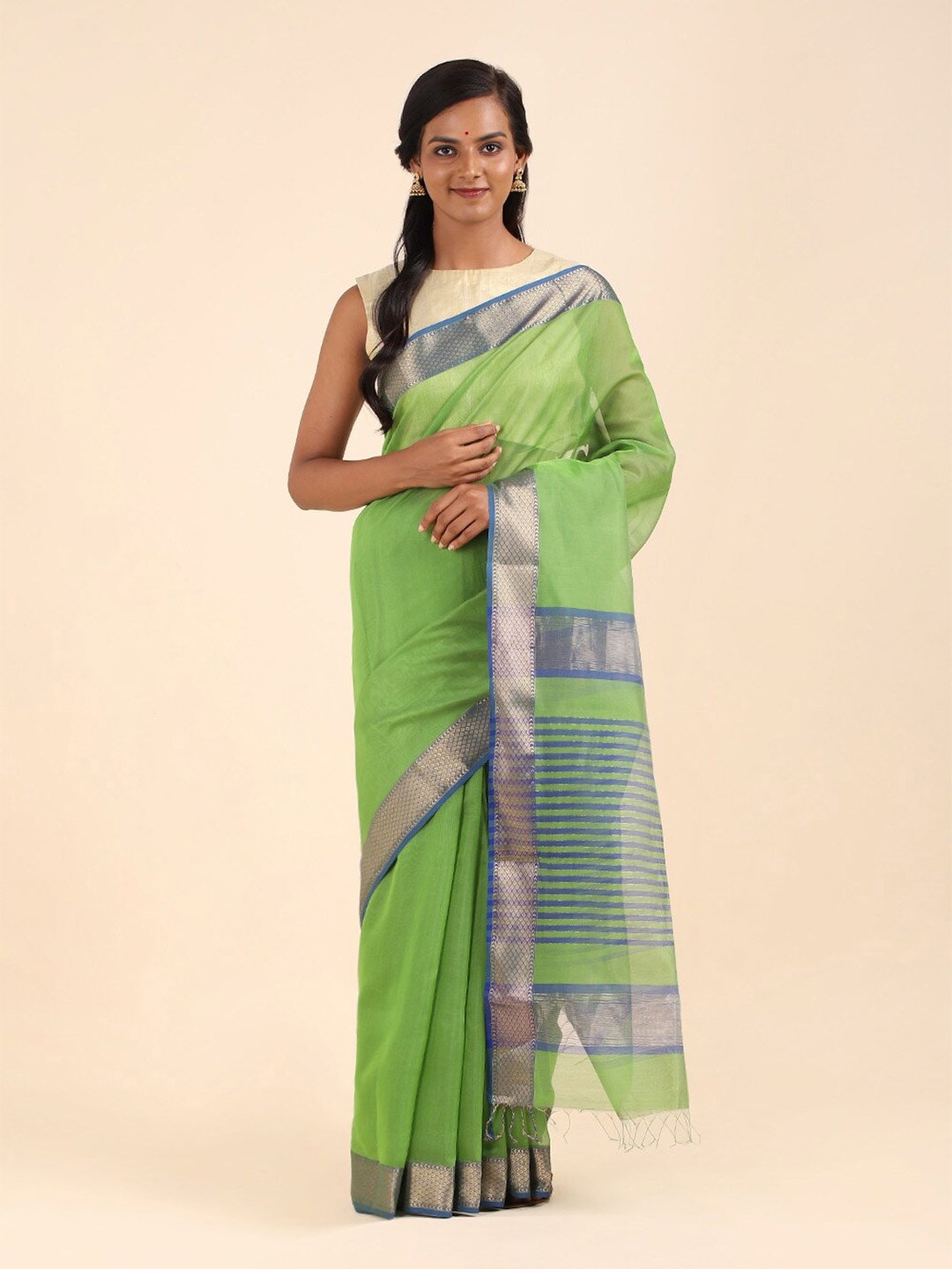 

Taneira Women Green & Blue Zari Silk Cotton Maheshwari Saree