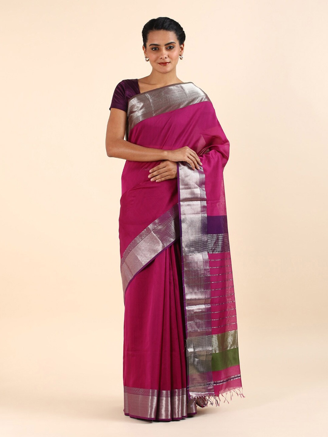 

Taneira Pink & Blue Zari Silk Cotton Maheshwari Saree