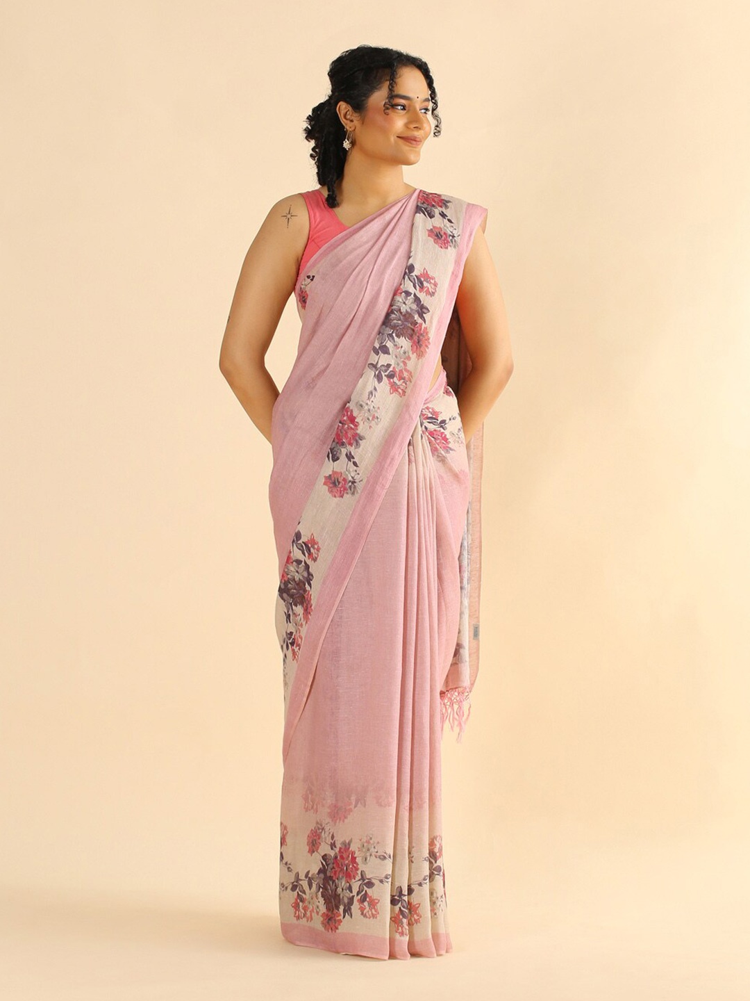 

Taneira Pink & Grey Floral Pure Linen Saree