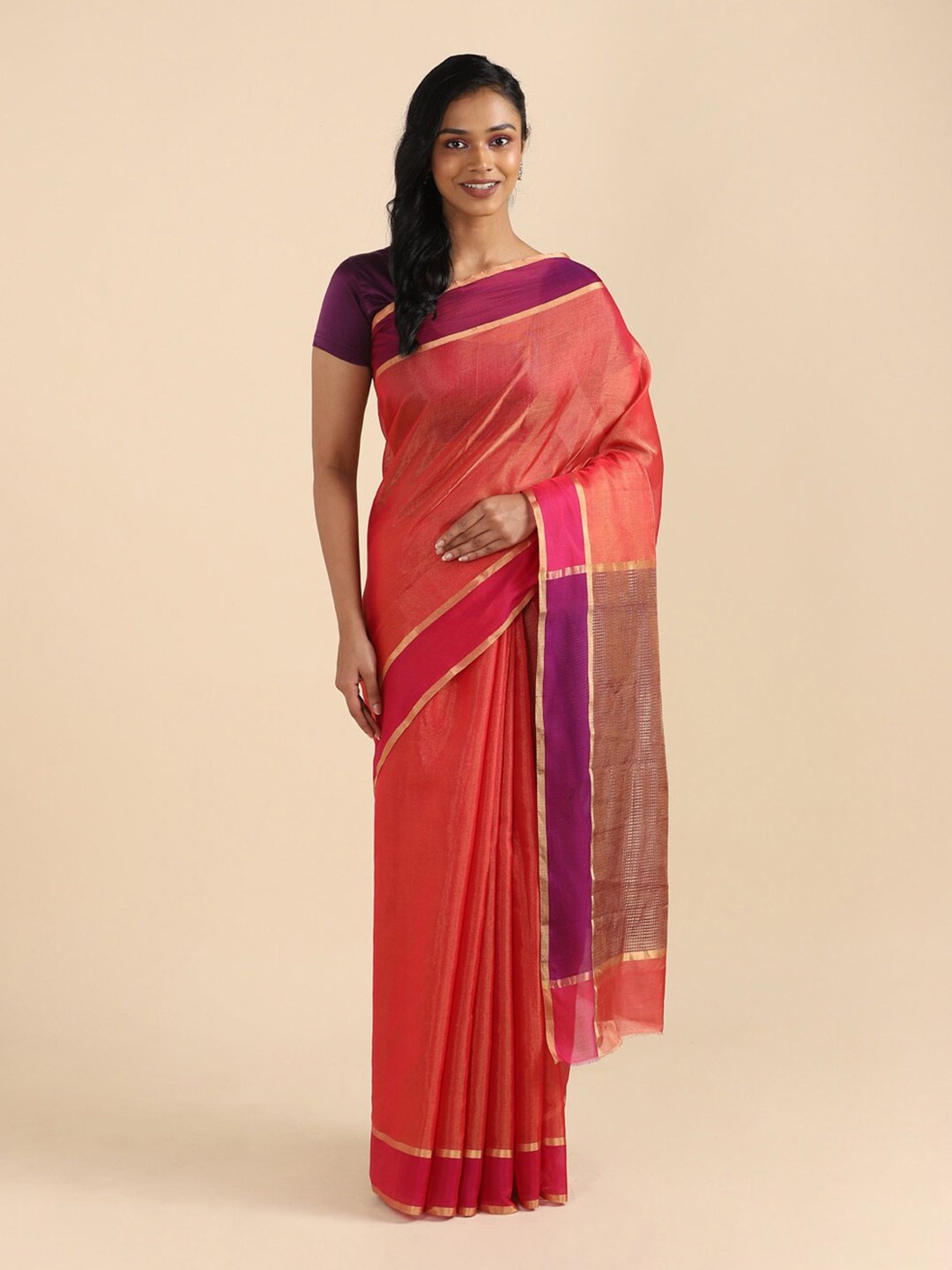 

Taneira Red & Purple Zari Tissue Chanderi Saree