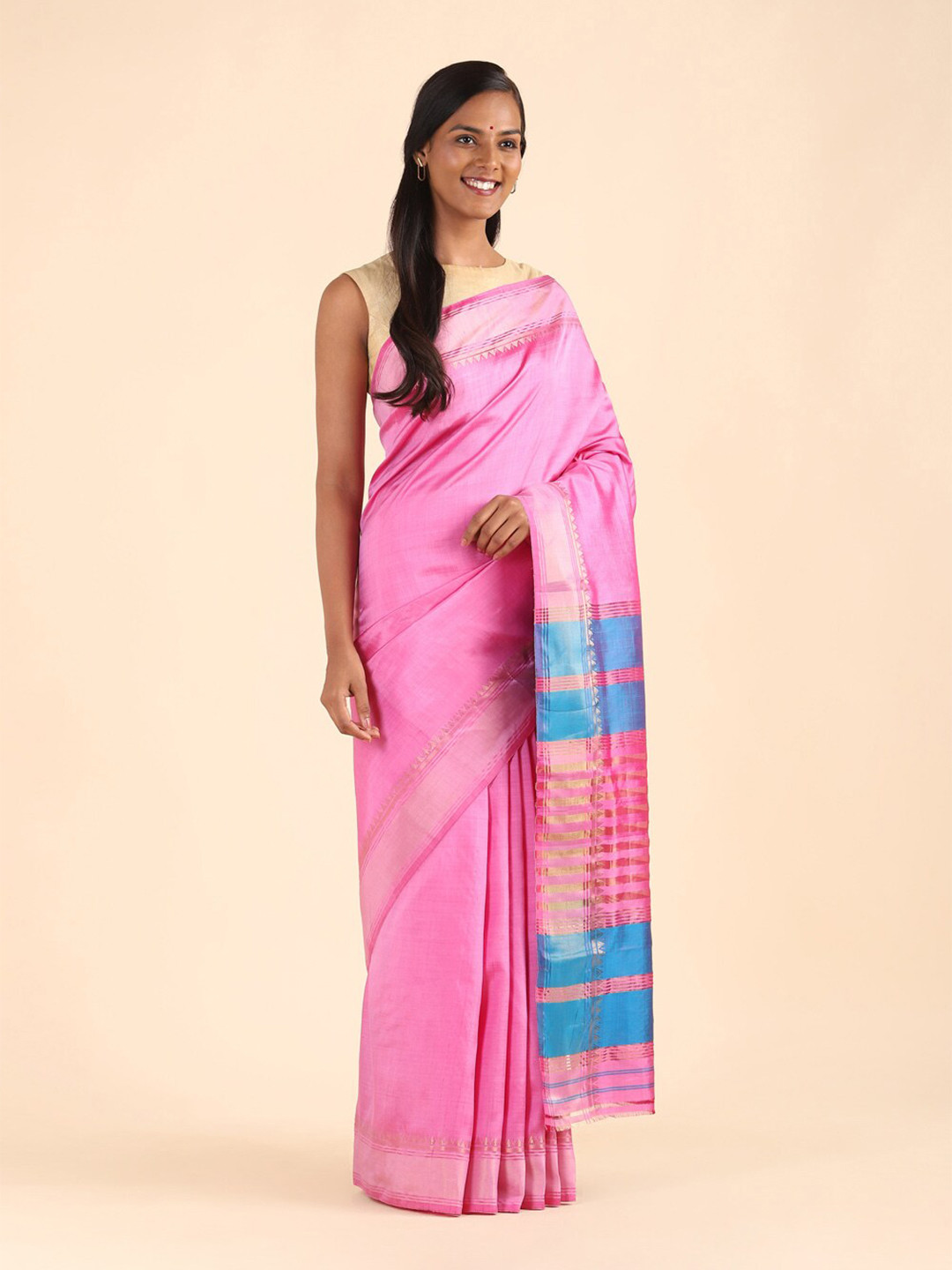 

Taneira Pink & Blue Zari Pure Silk Saree