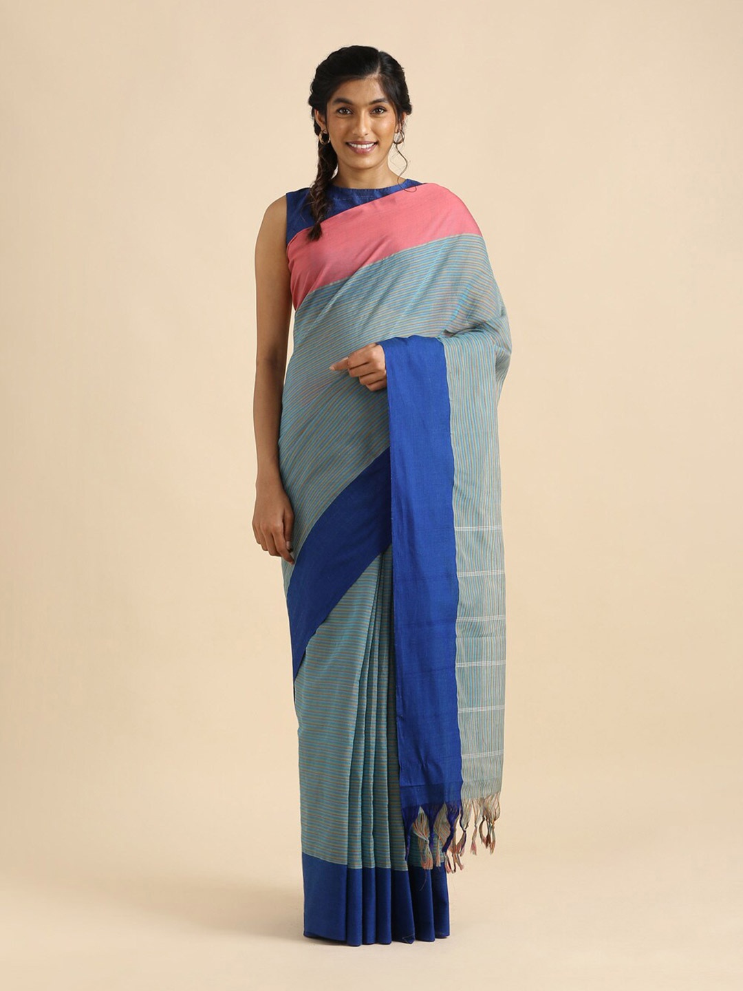 

Taneira Blue & Pink Striped Pure Cotton Narayan Peth Saree