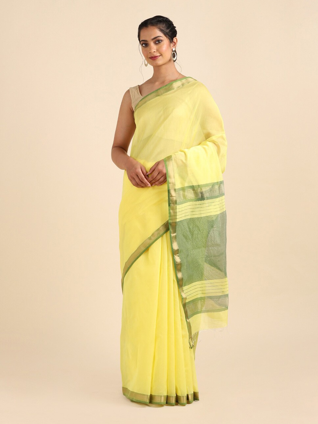 

Taneira Yellow & Green Zari Silk Cotton Maheshwari Saree
