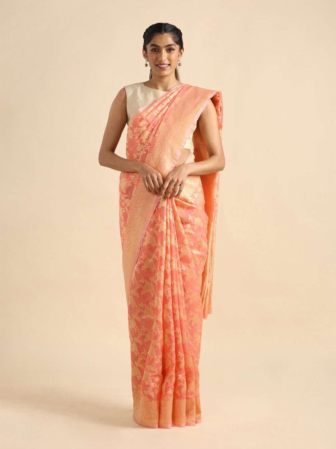 

Taneira Pink & Gold-Toned Floral Zari Silk Cotton Banarasi Saree