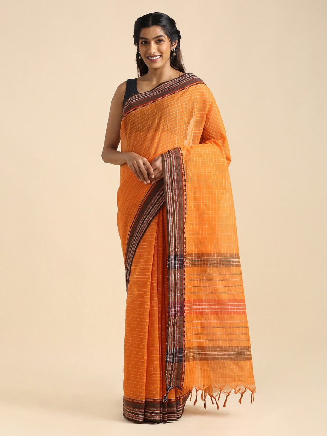 

Taneira Orange & Brown Striped Pure Cotton Narayan Peth Saree
