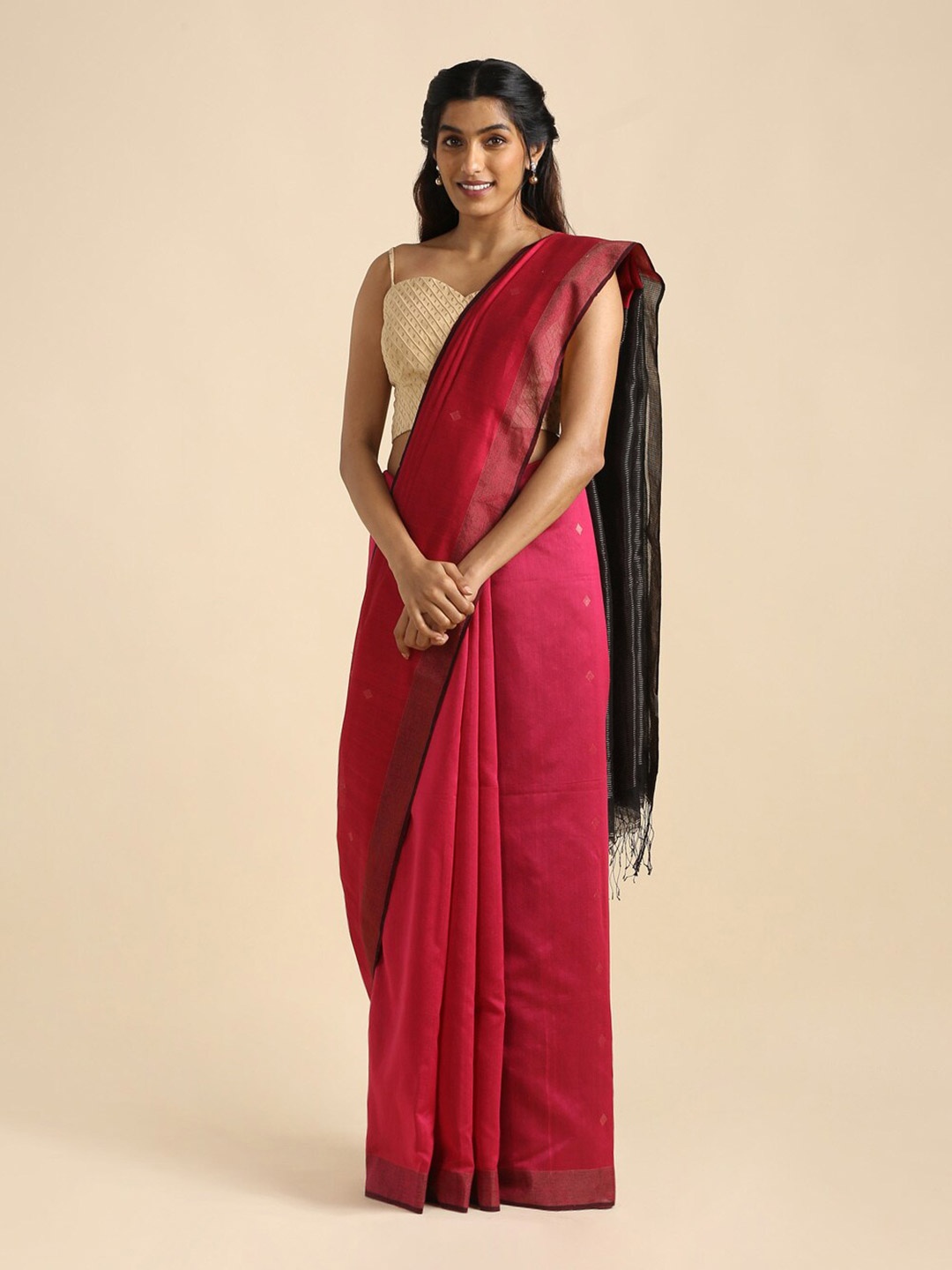 

Taneira Pink & Black Woven Design Silk Cotton Saree
