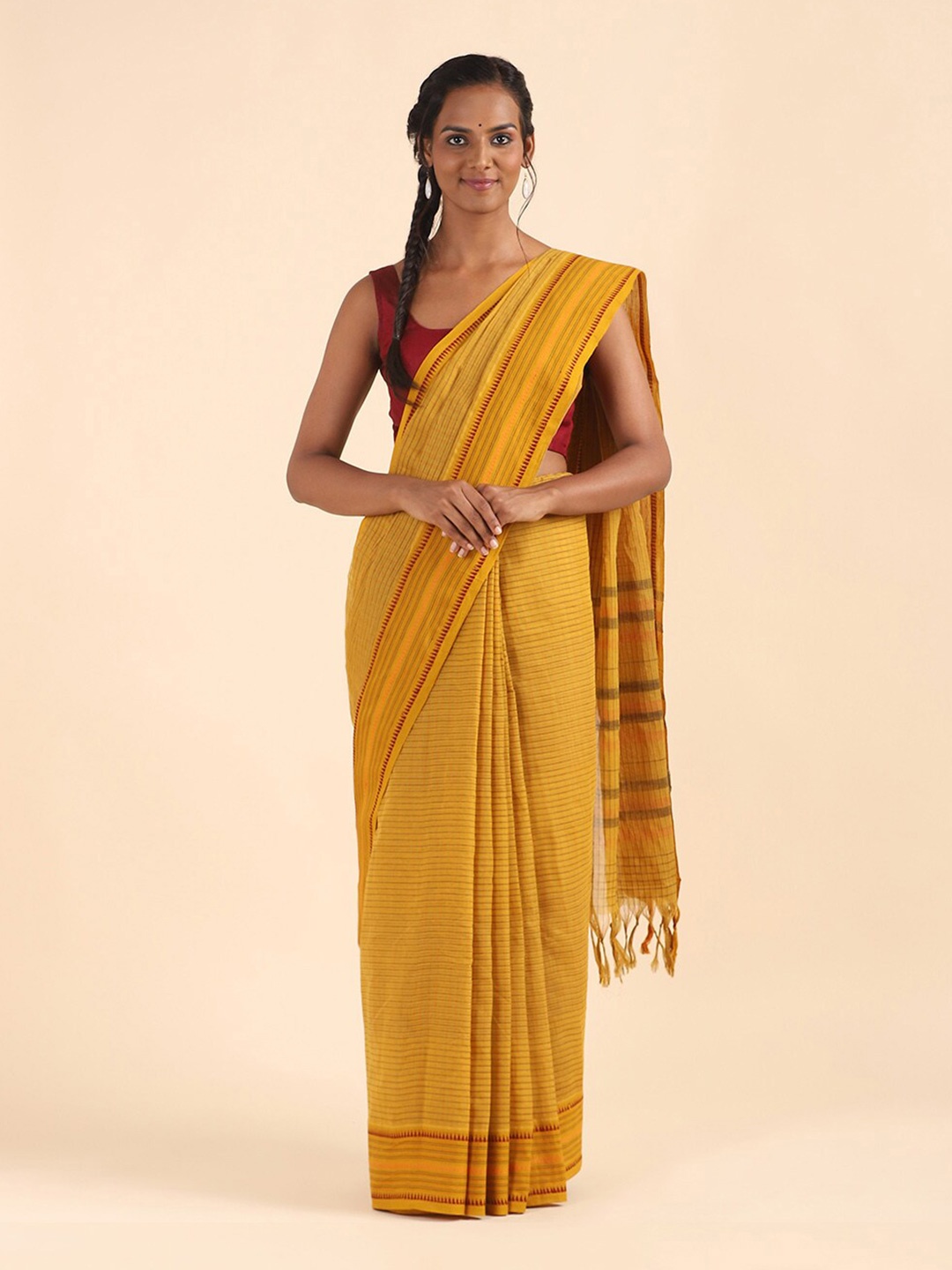 

Taneira Yellow & Green Striped Pure Cotton Narayan Peth Saree