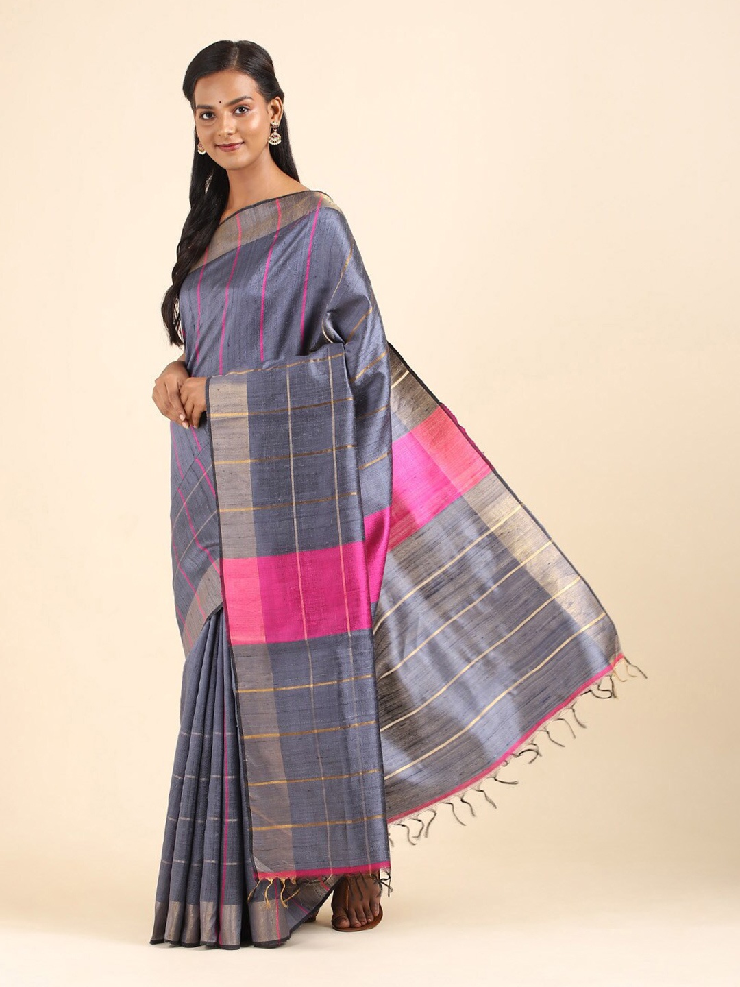 

Taneira Grey & Pink Striped Zari Pure Silk Bhagalpuri Saree