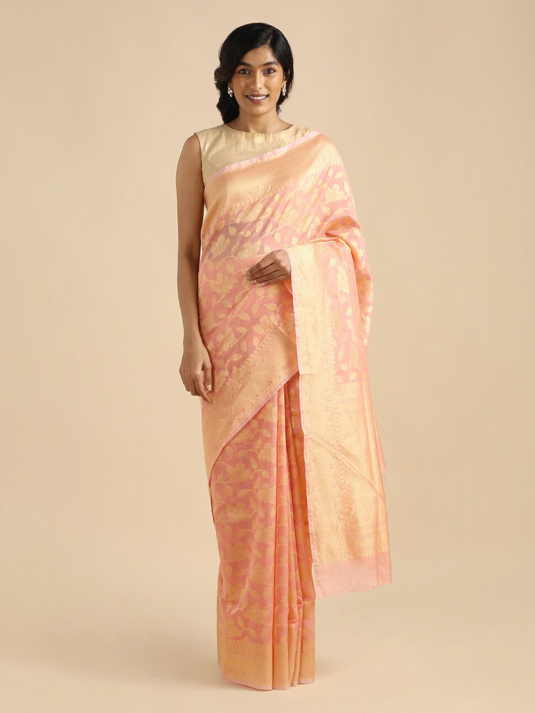 

Taneira Orange & Gold-Toned Floral Zari Silk Cotton Banarasi Saree