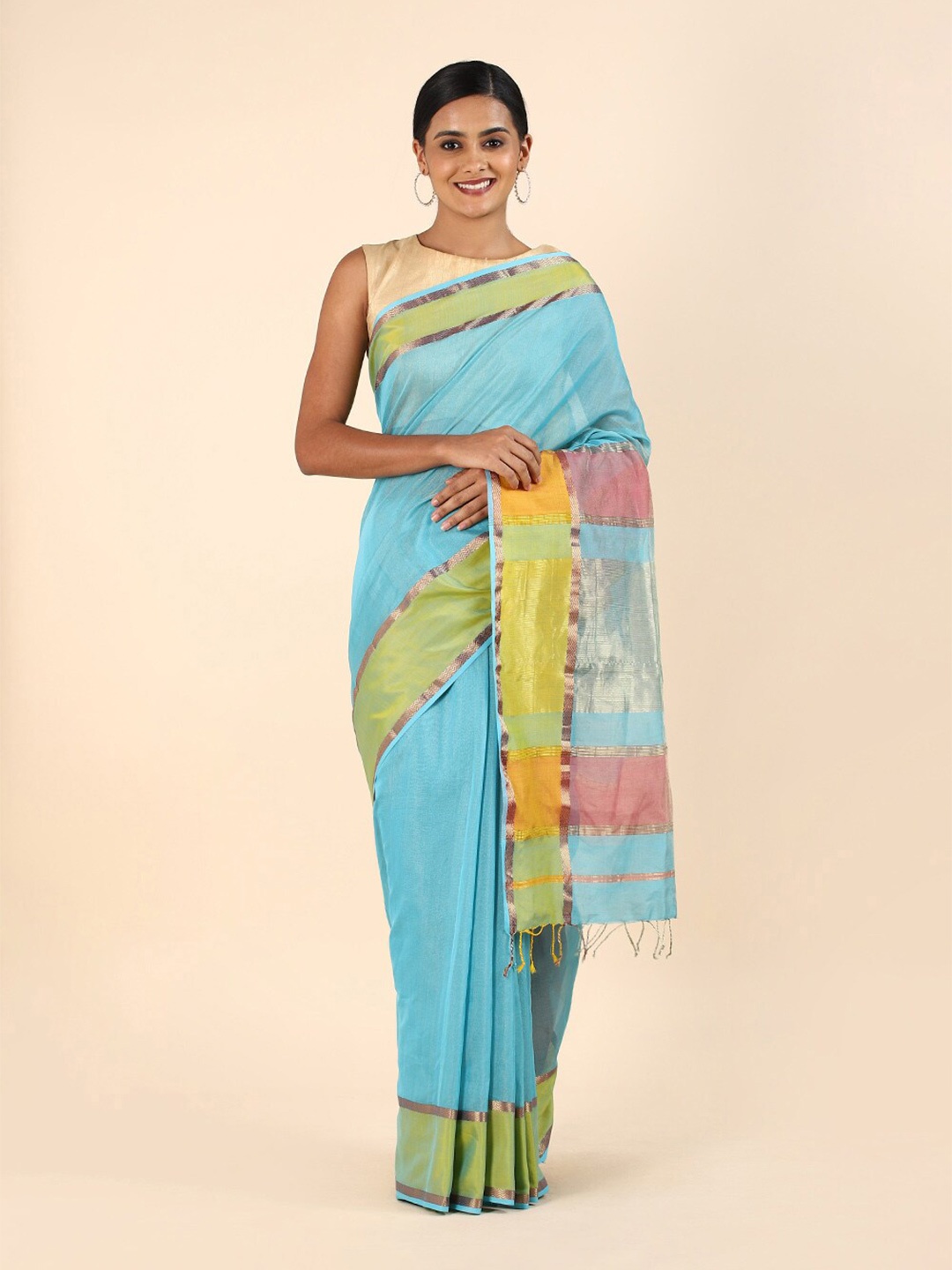 

Taneira Blue & Green Zari Silk Cotton Maheshwari Saree