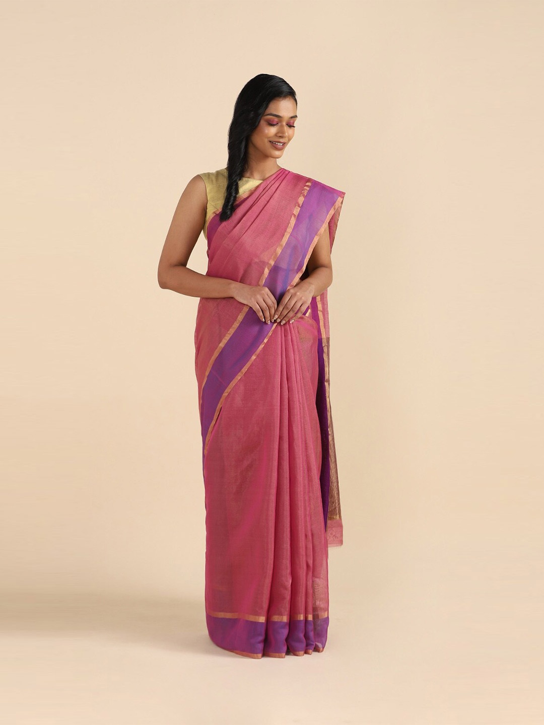 

Taneira Pink & Blue Zari Tissue Chanderi Saree