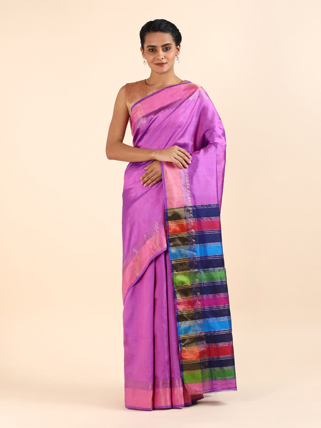 

Taneira Violet & Red Striped Pure Silk Saree