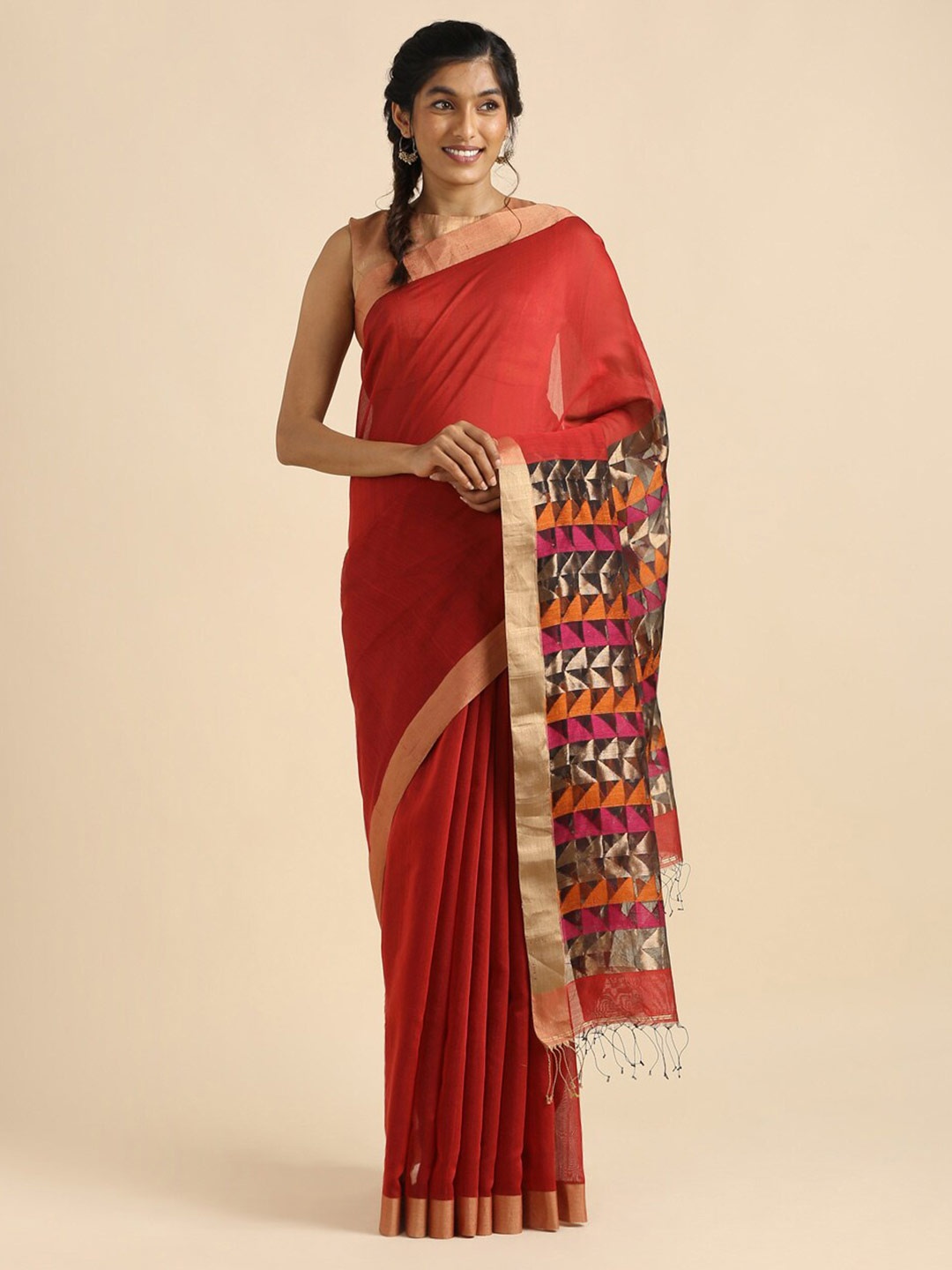 

Taneira Red & Black Zari Silk Geometric Cotton Bengal Saree