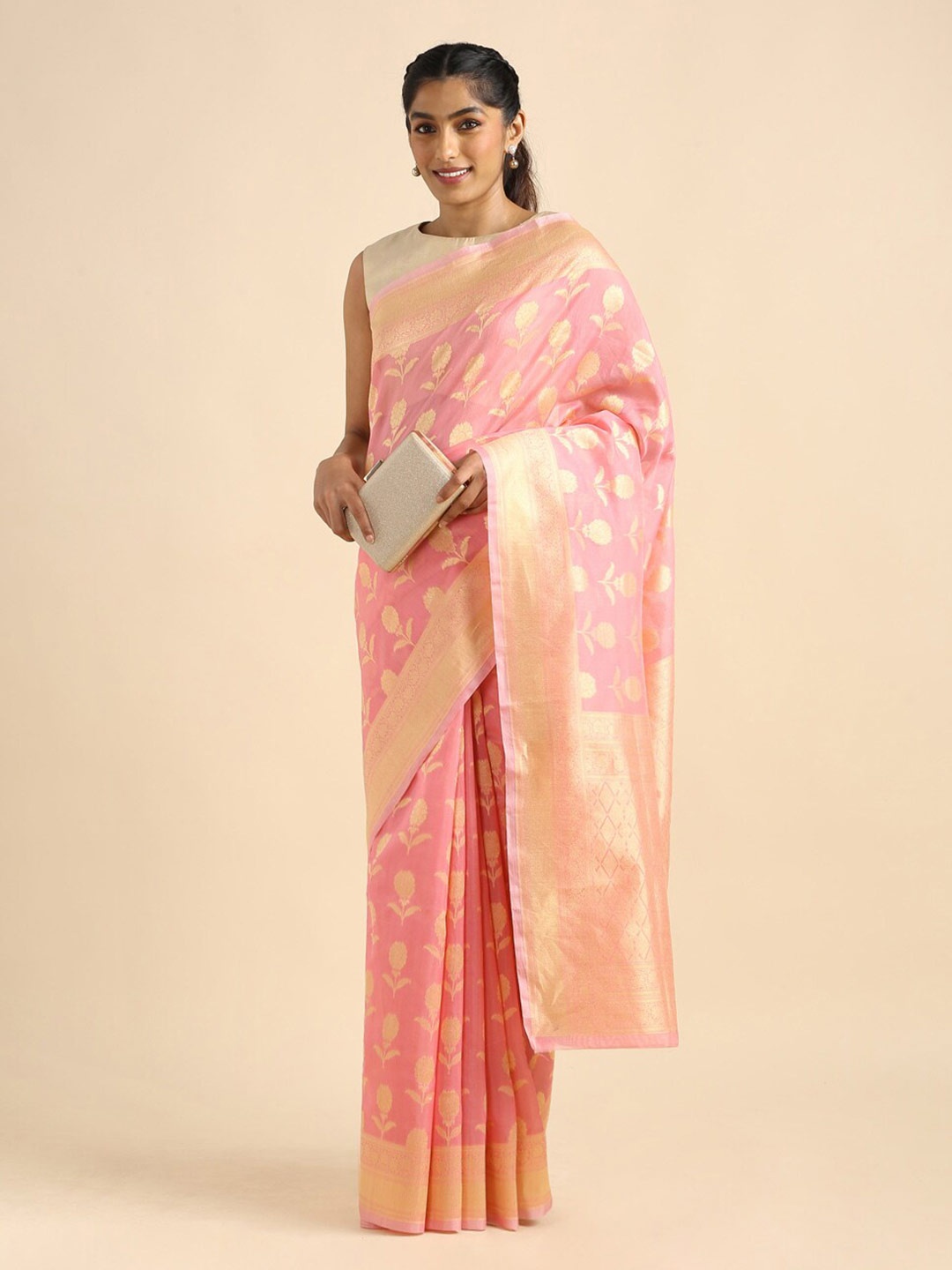 

Taneira Pink & Gold-Toned Woven Design Zari Silk Cotton Banarasi Saree