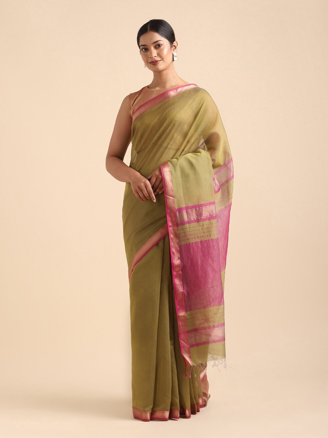 

Taneira Green & Maroon Striped Silk Cotton Maheshwari Saree