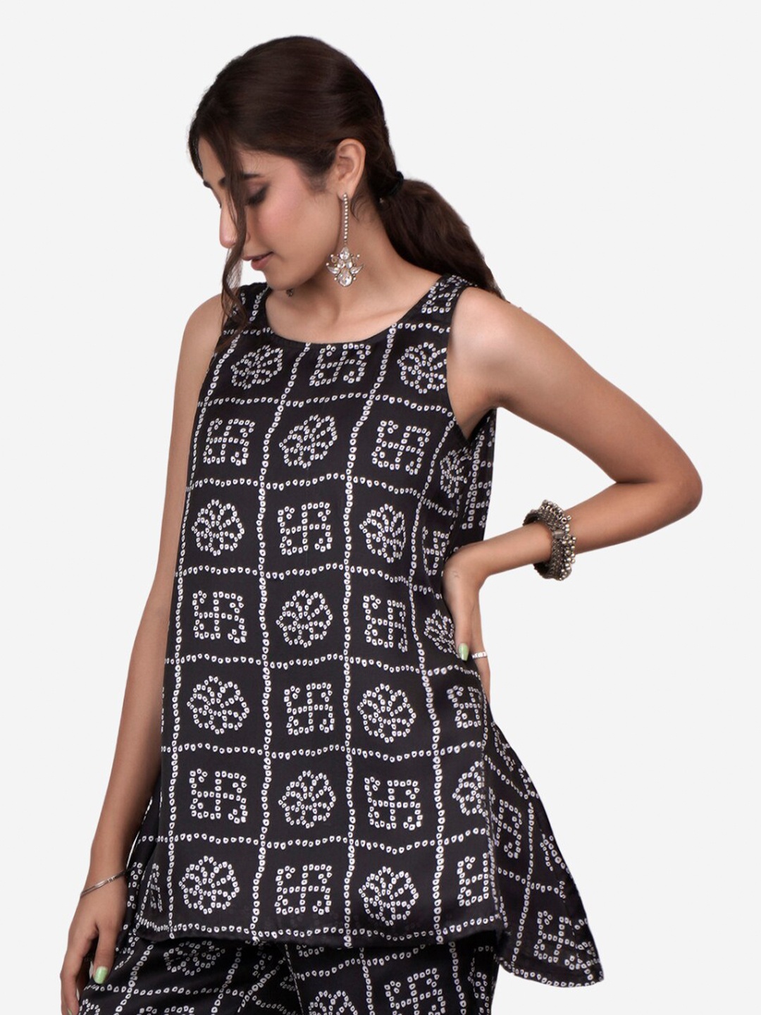 

Alaya By Stage3 Women Black Print Satin Georgette Bandhani Flared Top
