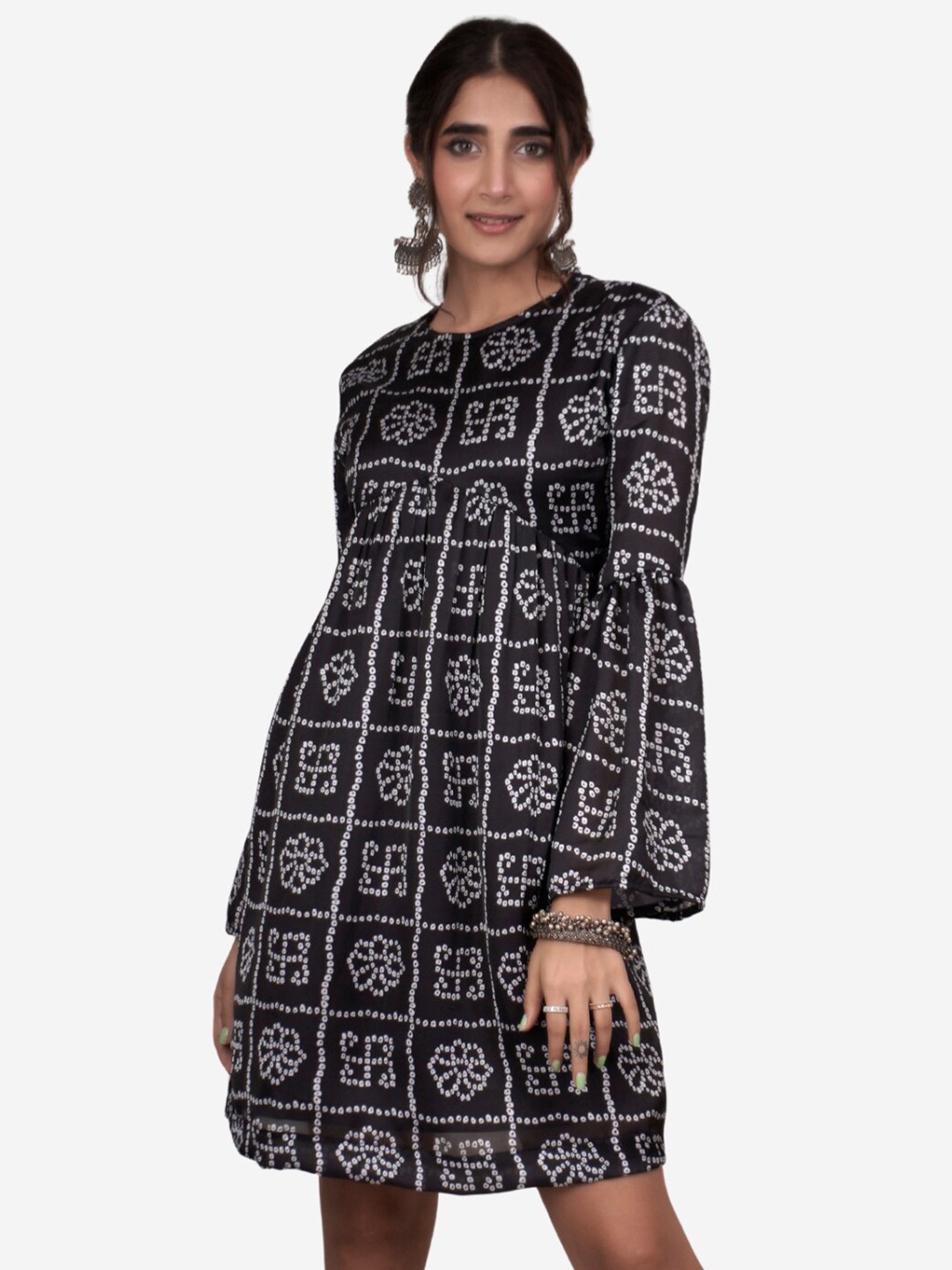 

Alaya By Stage3 Women Black Ethnic Motifs Bandhani Bell Sleeves Satin Dress