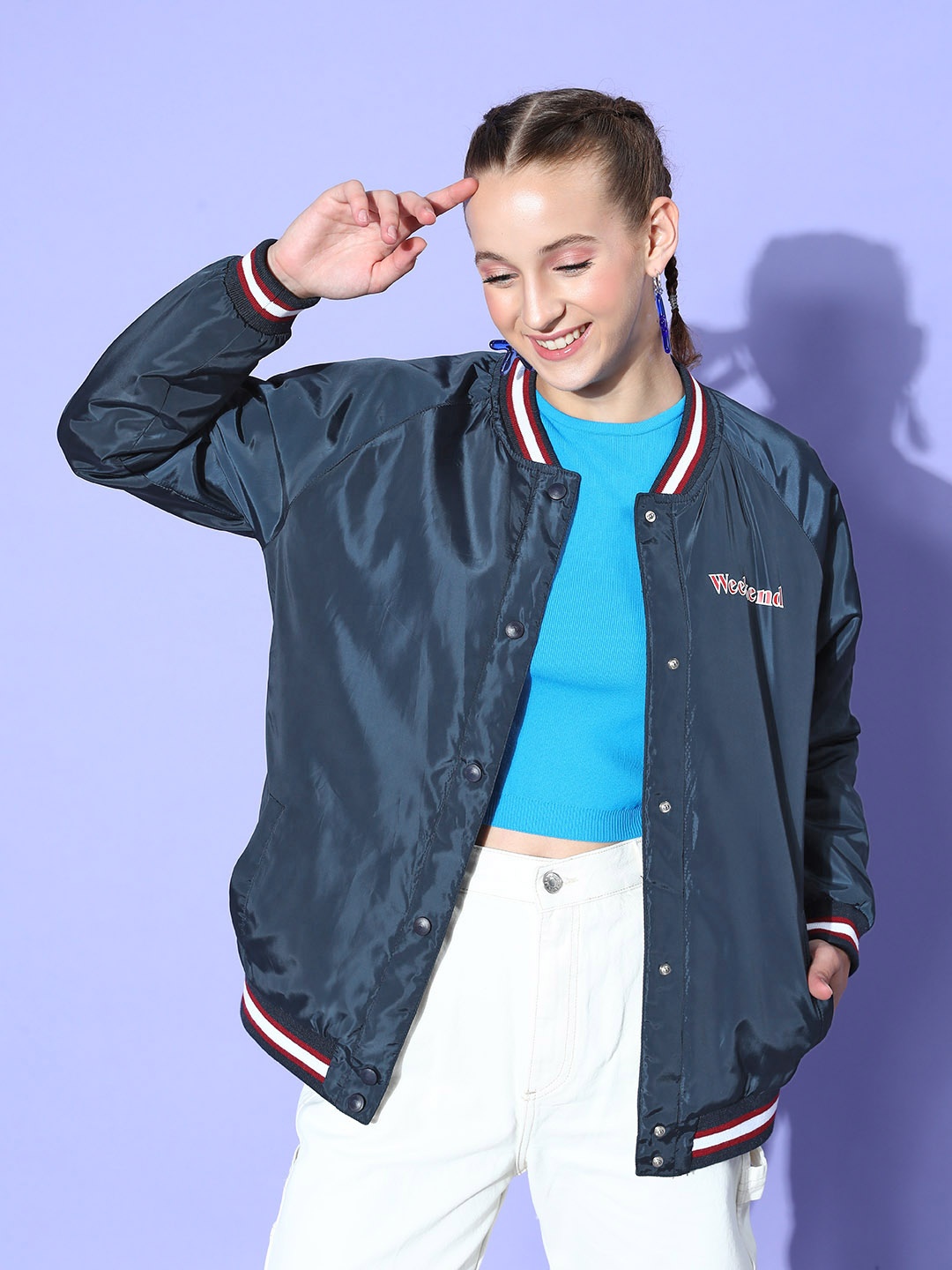 

Mast & Harbour Women Navy Blue Polyester Whipped for Varsity Jacket