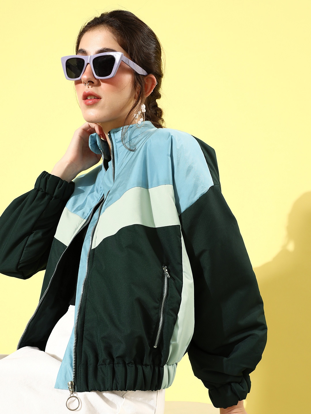 

Mast & Harbour Women Green & Blue Colourblocked Crop Bomber Jacket