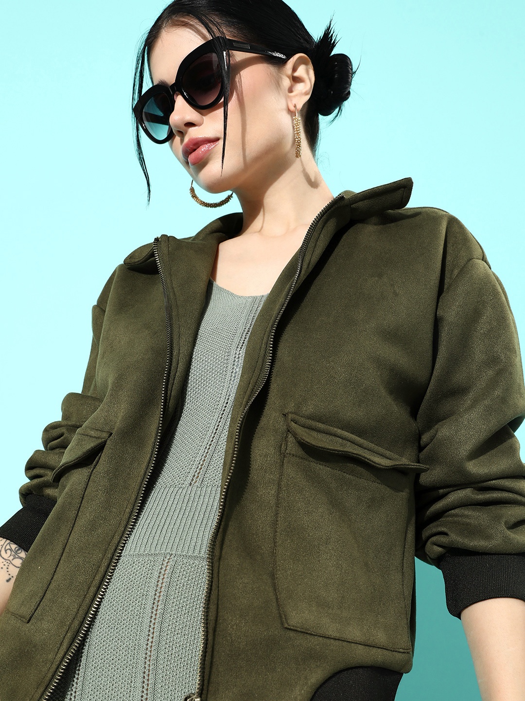 

Mast & Harbour Women Solid Bomber Jacket, Olive